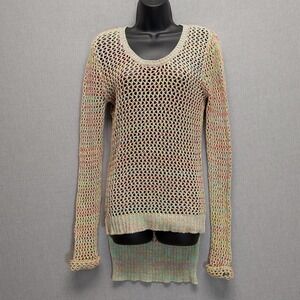 Womens XS Pastel Multicolor Space Dye Open Knit Crochet Sweater Beach High Low